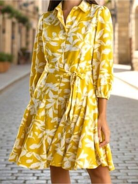 NWT Max Urban Floral Button-Front Shirt Dress in Mustard and White -Size 8